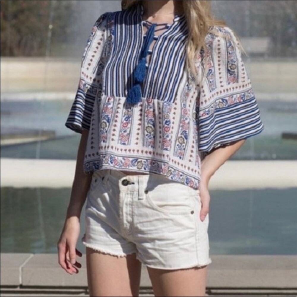 Love Riche Lace-up Floral Bell Sleeve White Top
